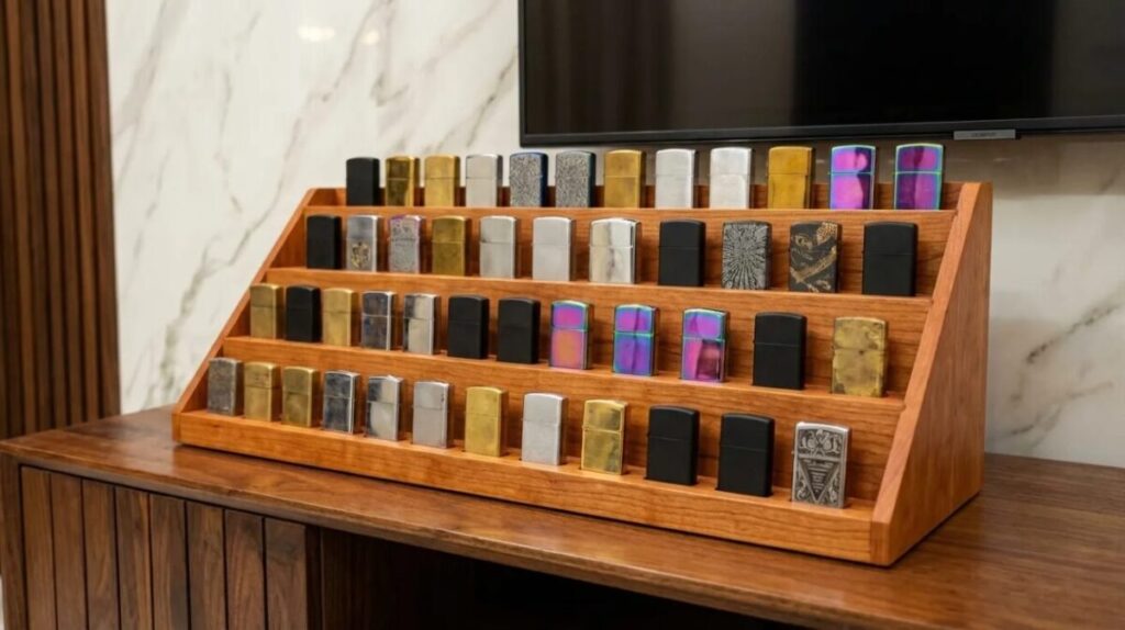 Multi-tier Zippo collector cabinet 
