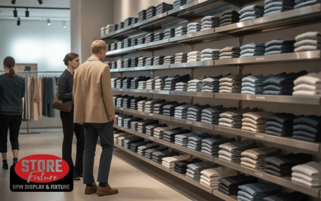 Why do businesses use clothing shelf racks instead of basic hanging rods