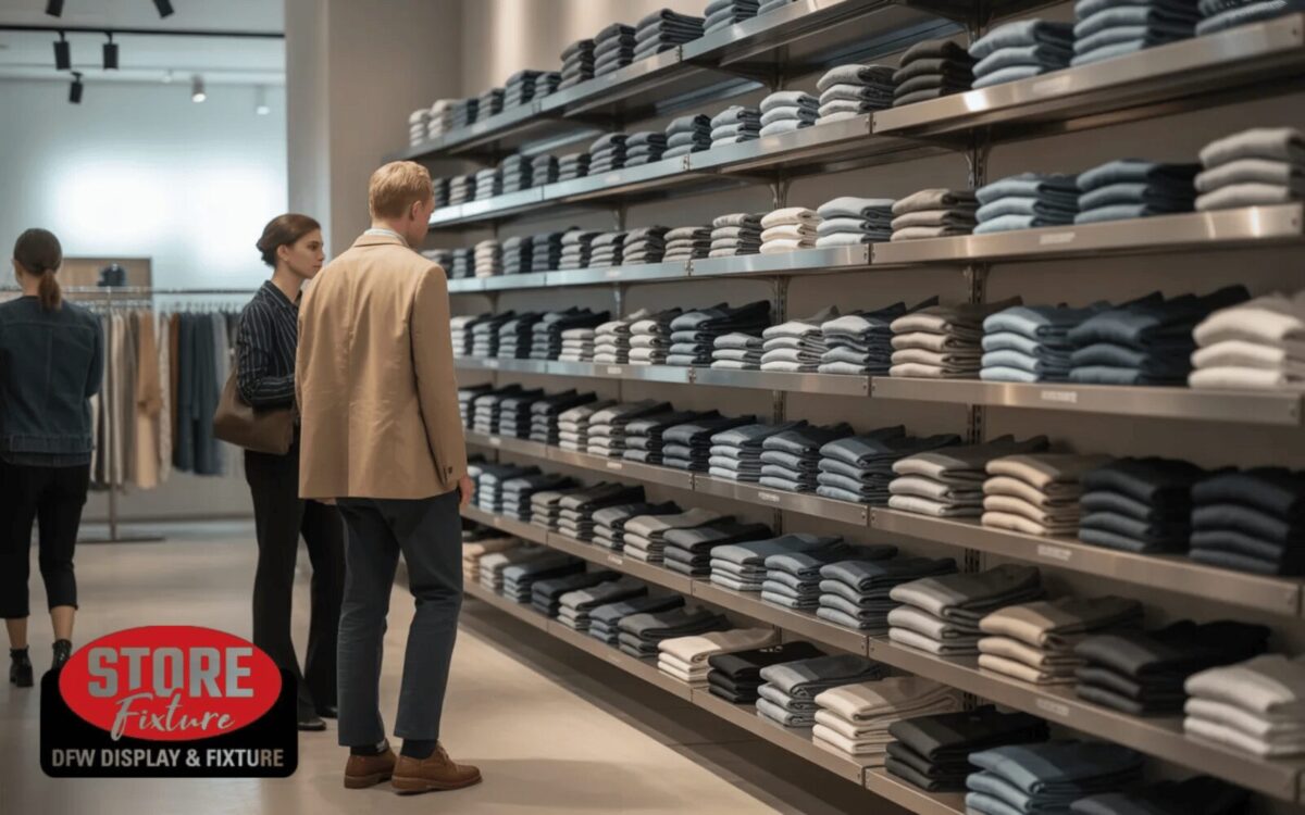 Why do businesses use clothing shelf racks instead of basic hanging rods